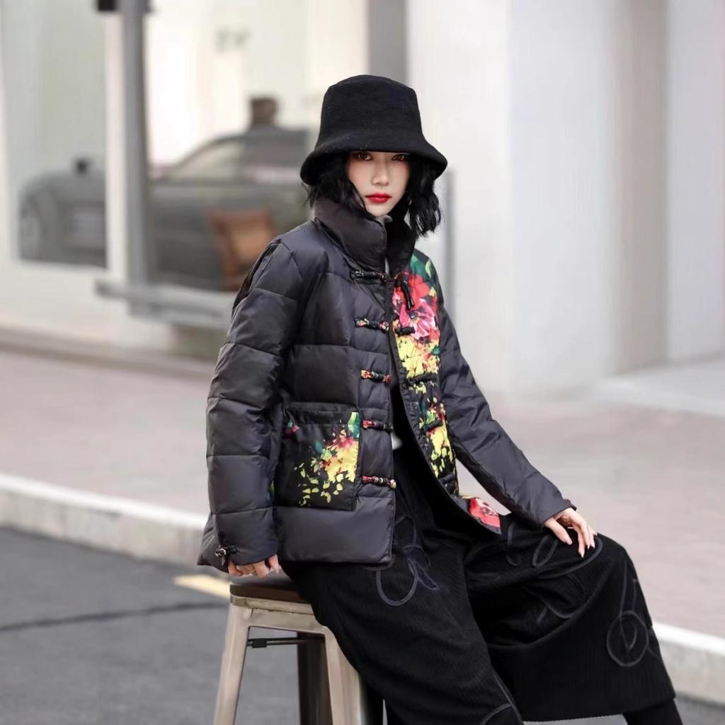 Ethnic style winter new warm jacket retro buckle loose printing short stand-up collar Chinese down jacket
