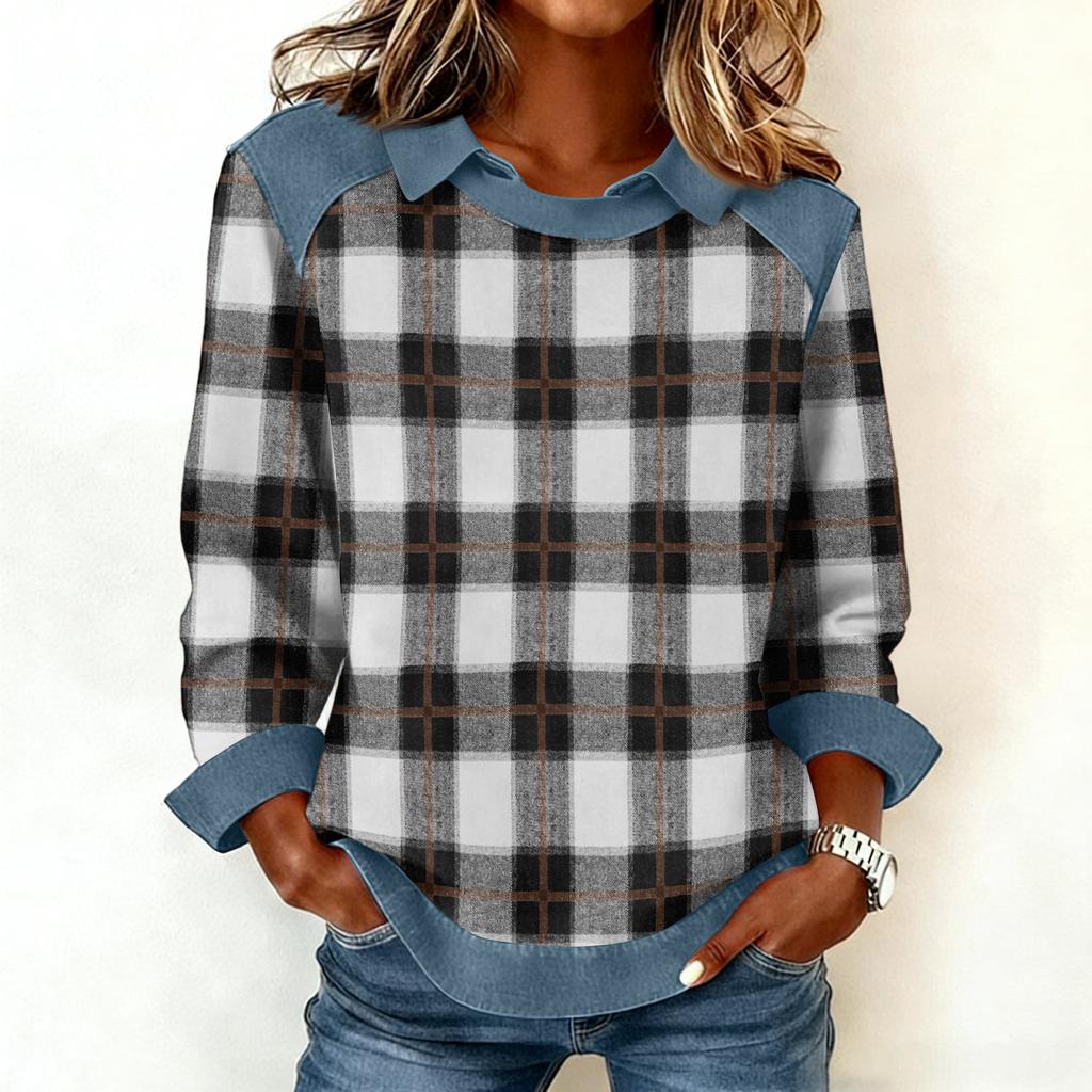 Damenmode Ausgestelltes Langarm Denim Patchwork Sweatshirt Mit Aufdruck Lässiger Pullover Top