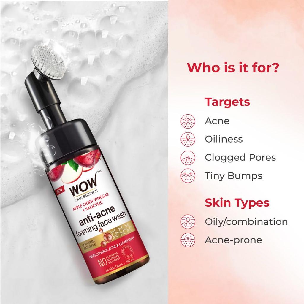 Wow Skin Science Apple Cider Vinegar Foaming Face Wash  150ML With Built In Brush Deep Cleansing Cleanser For All Skin Types