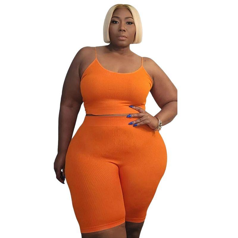 

Plus Size Women s Clothing European and American Leisure Sports Two-piece Set Sleeveless Shorts Suit plus Size Women s Suit Orange XL