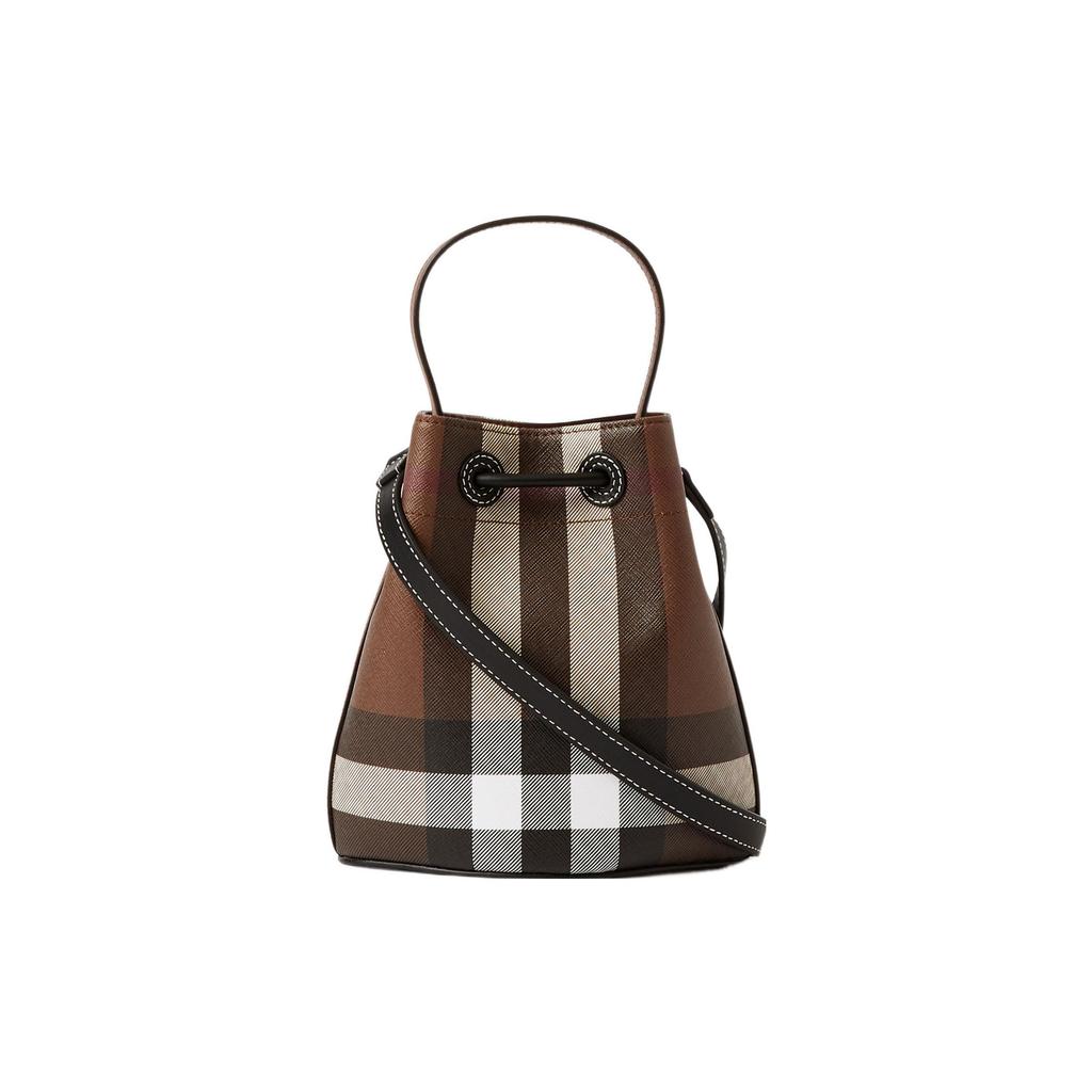Burberry TB Exclusive Logo Lock Series Drawstring Closure Checkered Cotton And Leather Bucket Bag Mini Women bags Deep-Walnut-Brown 80662131