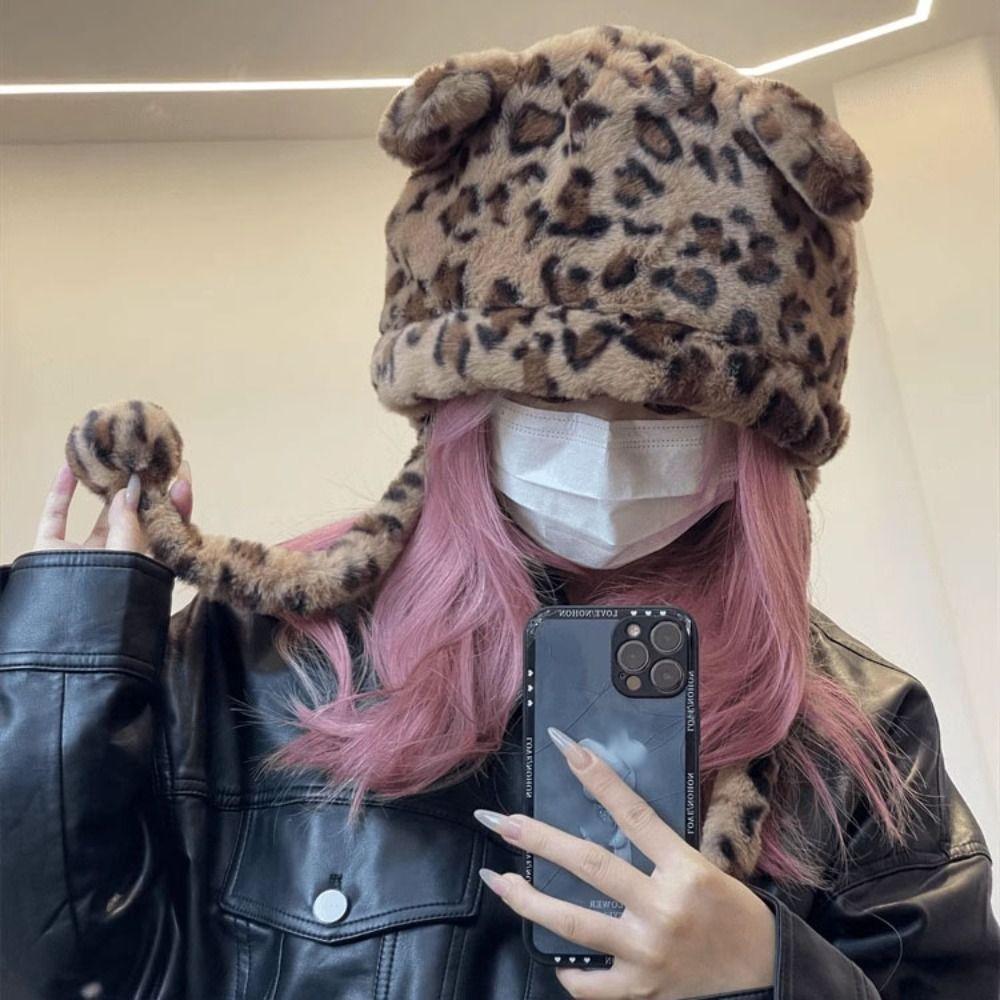 Fashion Design Plush Bear Hat Leopard Print Ear Protection Hat Warm Cartoon Fleece Hat  Girls