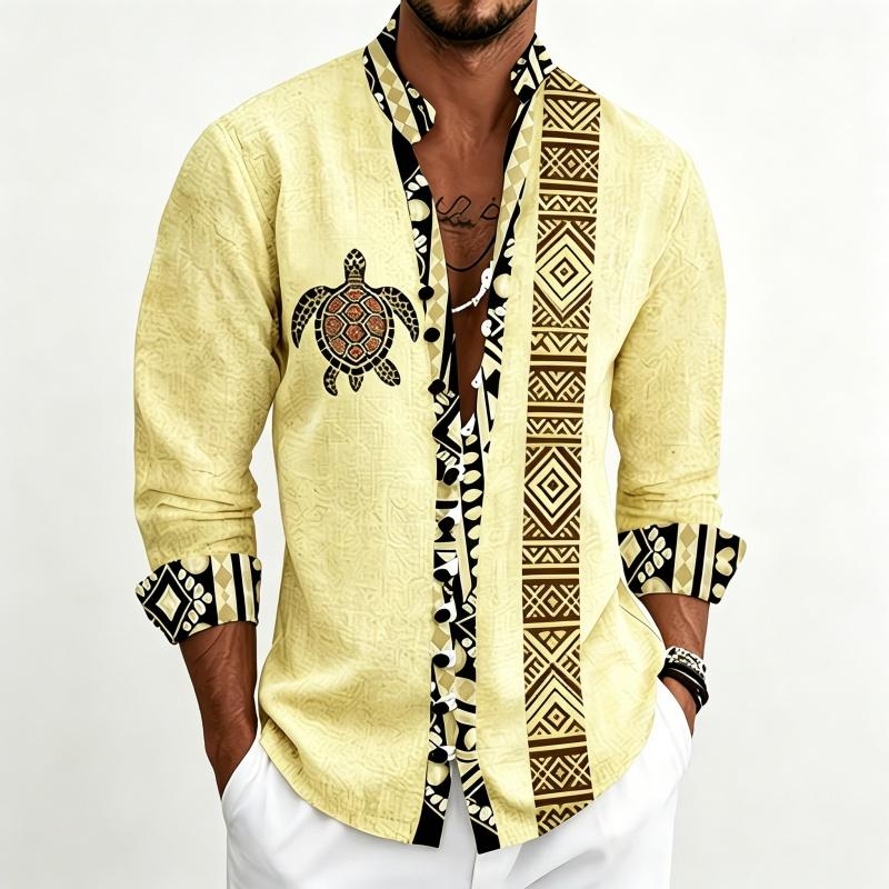 Men's Standing Collar Long Sleeved Shirt with Turtle Ethnic Geometric Pattern Printed Breathable Outdoor Casual Men's Top
