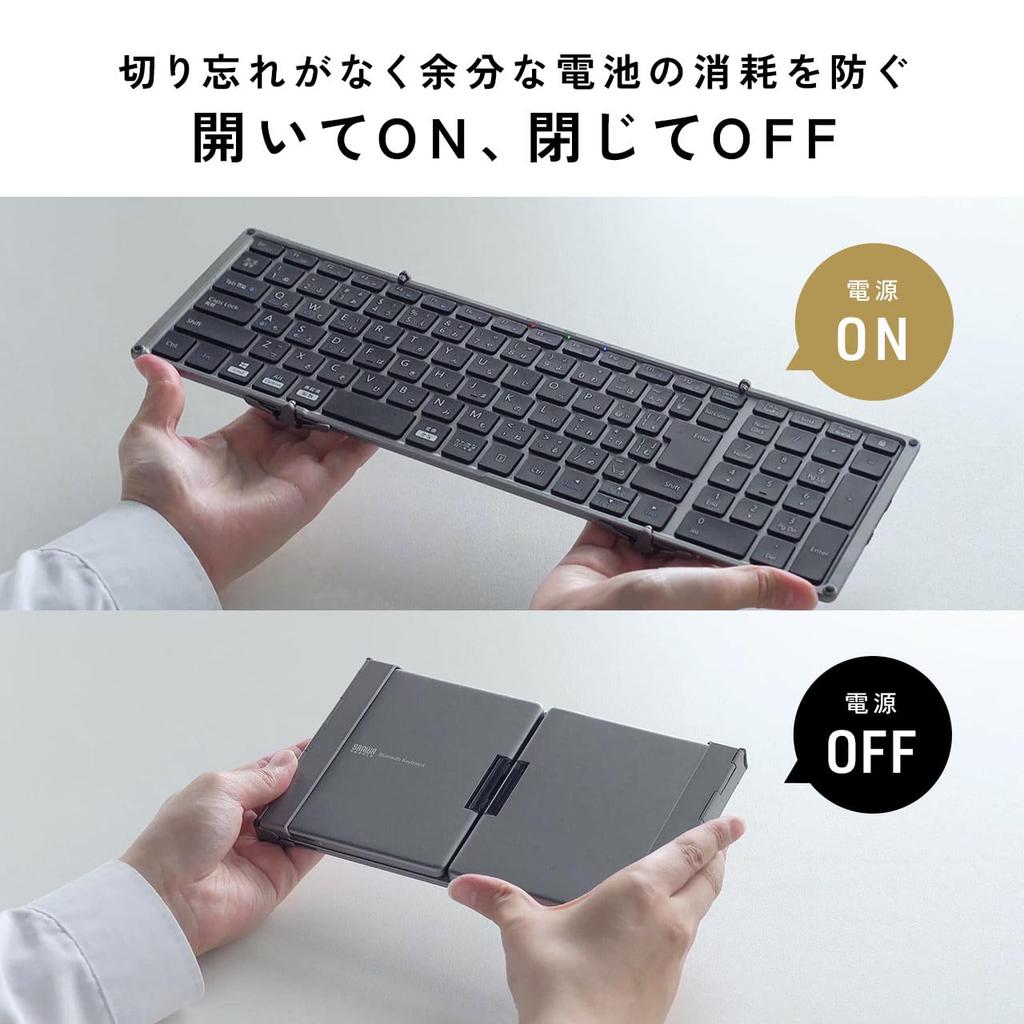 Sanwa Direct Folding Keyboard, Bluetooth-Kabelverbindung, kompatibel mit japanischem Layout, mit Ziffernblock, wiederaufladbar, Ständer inklusive, tragbar