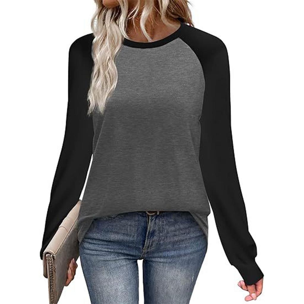 Women's Casual Color-Block Raglan Long Sleeve Top with Round Neck