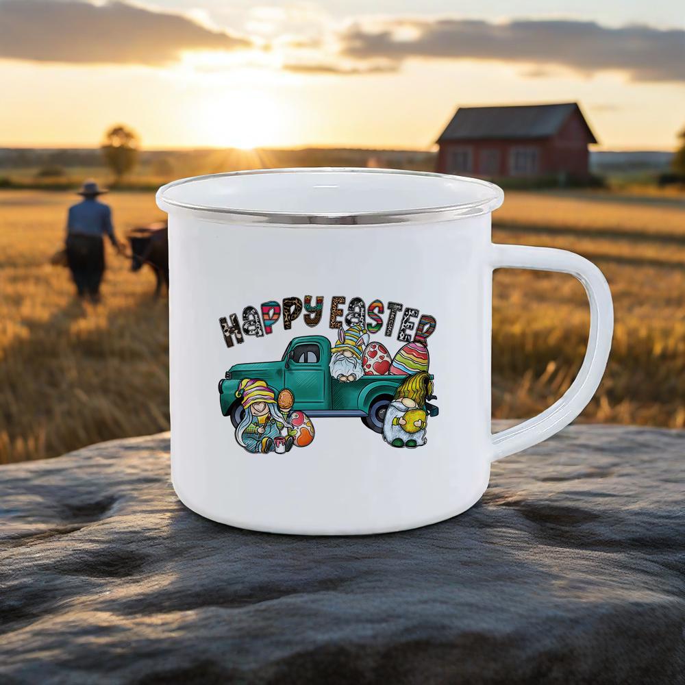 Cute Rabbit Pattern Breakfast Cups Soft Charming Color Milk Cola Mug For Camping Hiking Safe Durable UseHappy Easter Enamel Mug