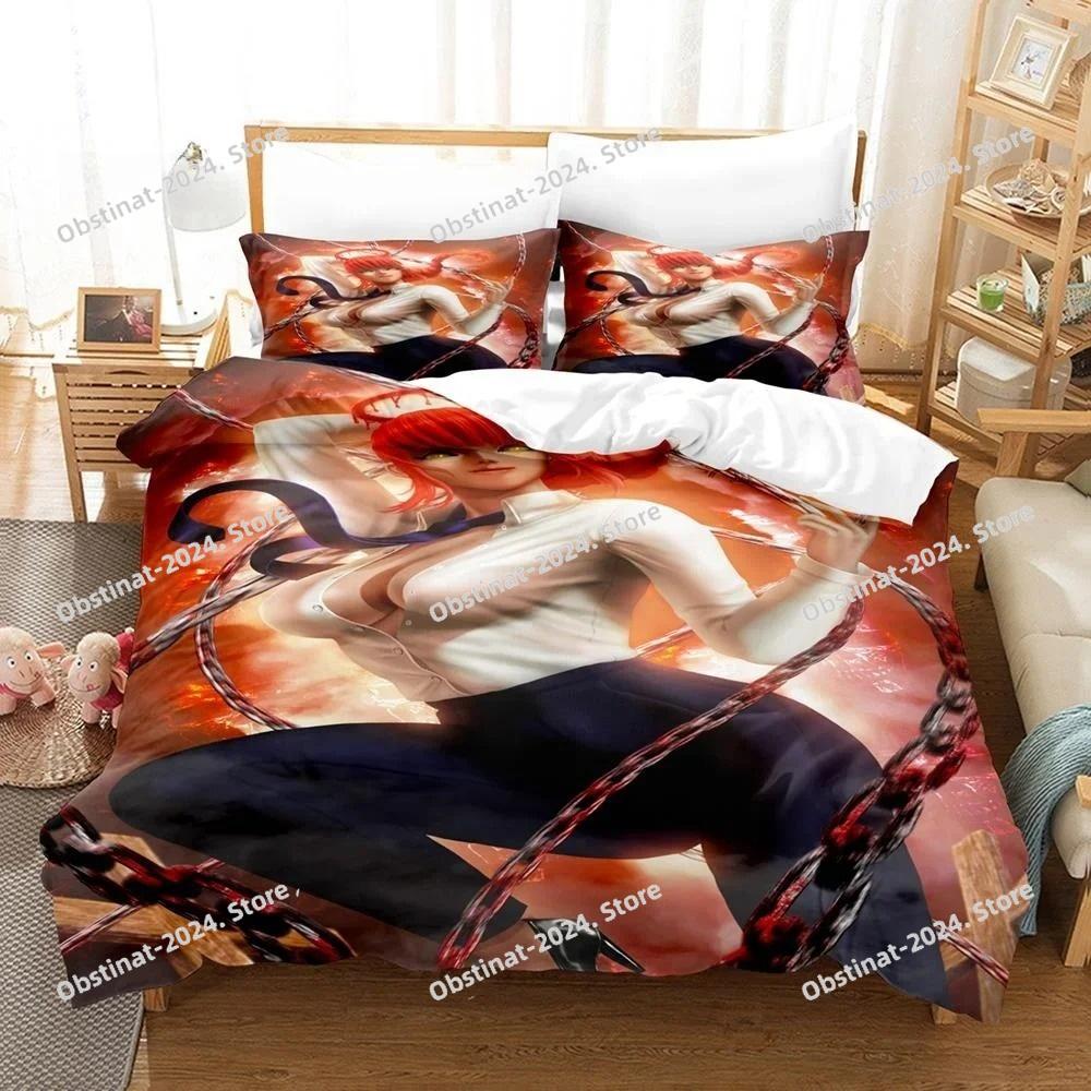 3D Druck Anime Chainsaw Man Makima Bettwäsche-Set, Bettdeckenbezug Bett-Set Steppdeckenbezug Kissenbezug, King Queen Twin Größe Jungen Mädchen Erwachsene