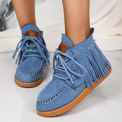 Fashion Retro Western Style Tassels Cowboy Boots Woman 2024 Trend Rivets Lace-Up Flat Ankle Boots Women Comfortable Soft Bottom Booties