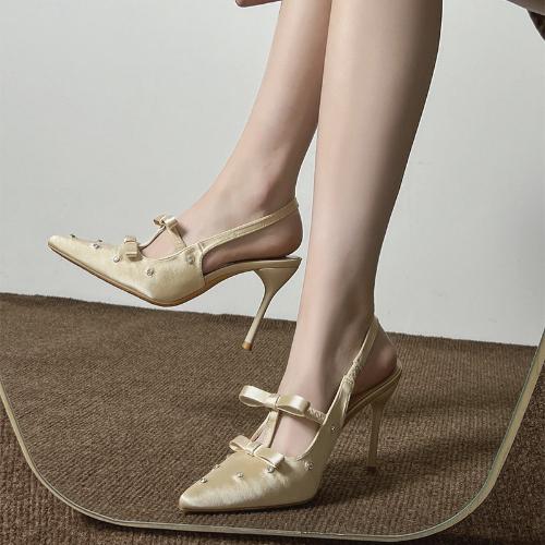 Fashion 2025 Spring New Pointed Toe Sexy Black High Heels Elegant Bow Thin Heel Rhinestone Sandals127