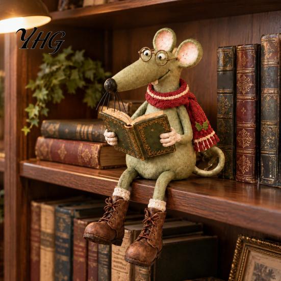 Vintage Inspired Table Decor Reading Mouse Figurine with Hanging Legs, Resin Shelf Sitter Whimsical Decoration Statue Glasses and Book for Bookshelf