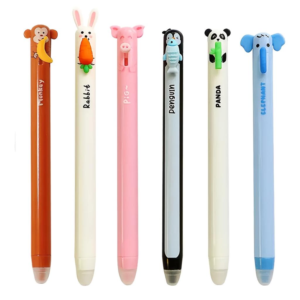 6er-Set Tierförmige Radierbare Gel-Stifte, 0,7 mm Feine Spitze, Blaue Tinte, Eingebauter Radierer, Ideal zum Notieren und Schreiben, Seitenklick