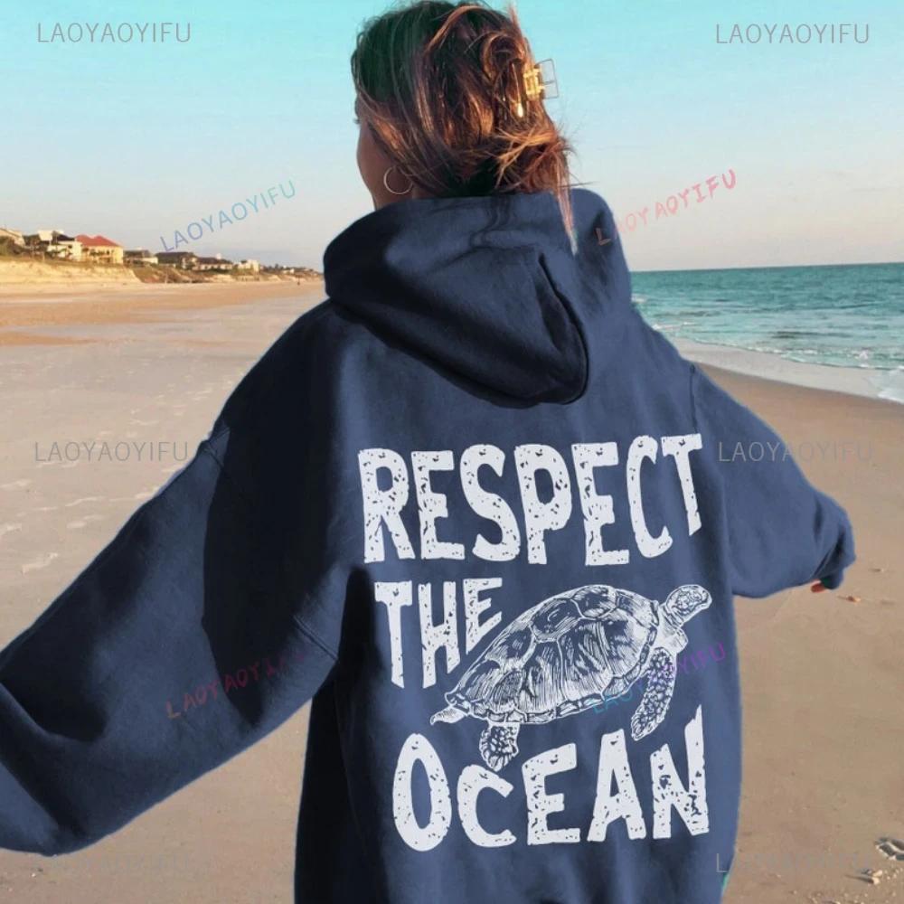 Respect The Ocean Hoodie - Ocean Surf Hoodie Carolina Blue Hoodie Words on Back Turtle Sweatshirt for Outdoor Enthusiasts