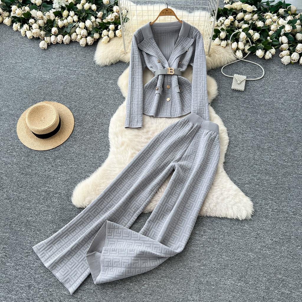 Herbst Winter Damen Vintage Designer Strickpullover Hose Zweiteiliges Set Blazerkragen Jacke Mantel und Weitbeinige Hose Trainingsanzug