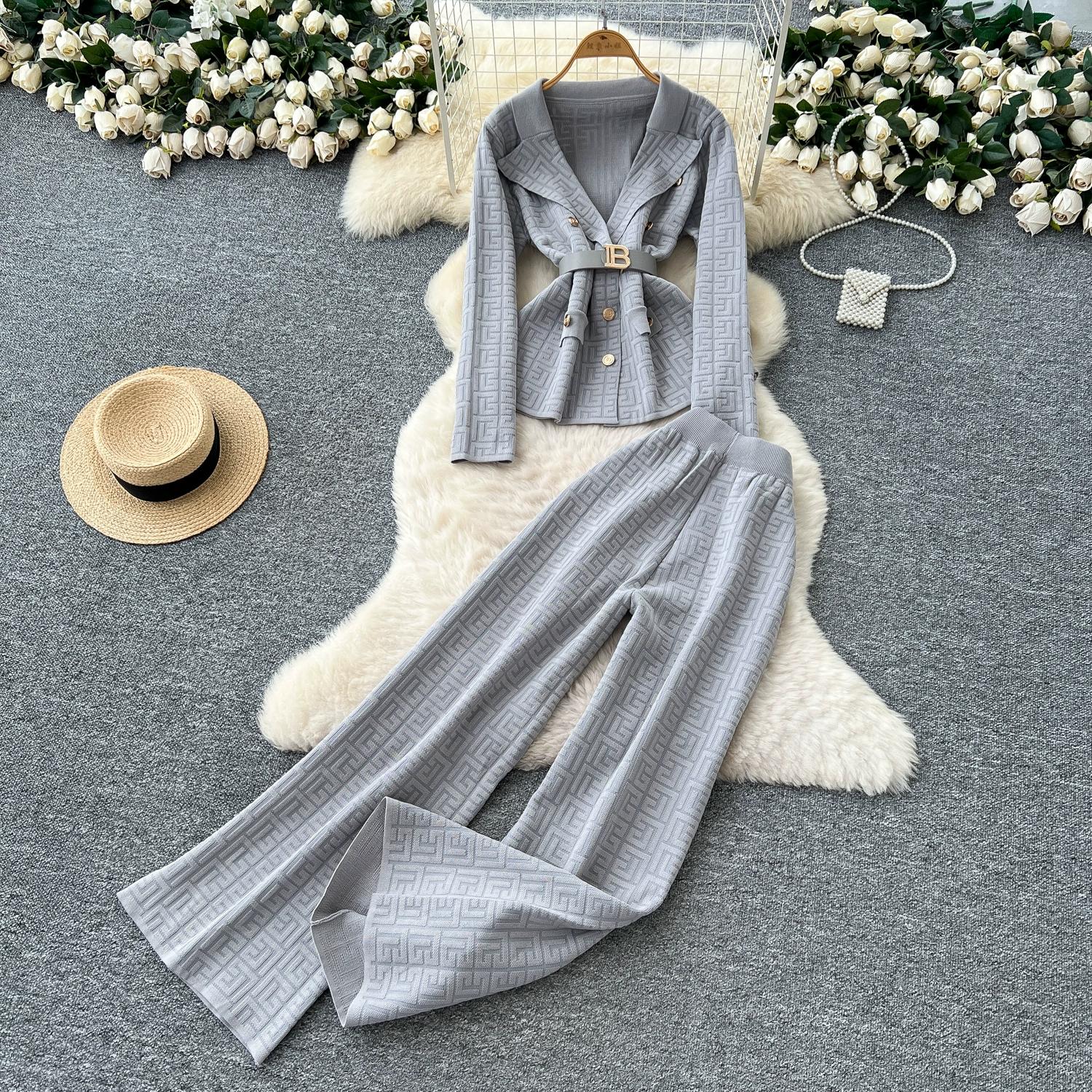 

Осінньо-зимовий жіночий вінтажний дизайнерський в язаний светр, штани, комплект з двох предметів, жакет з коміром-піджаком, пальто та широкі штани, спортивний костюм One Size сірий колір