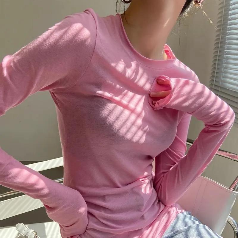 Damen Rundhals Langarm Top Schmal Geschnitten Daumenlochbündchen Basic Lässiges T-Shirt