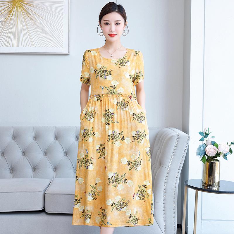 Plus Size Floral Cotton-Silk Dress for Women - Summer Fashion, Elegant Long Swing Dress