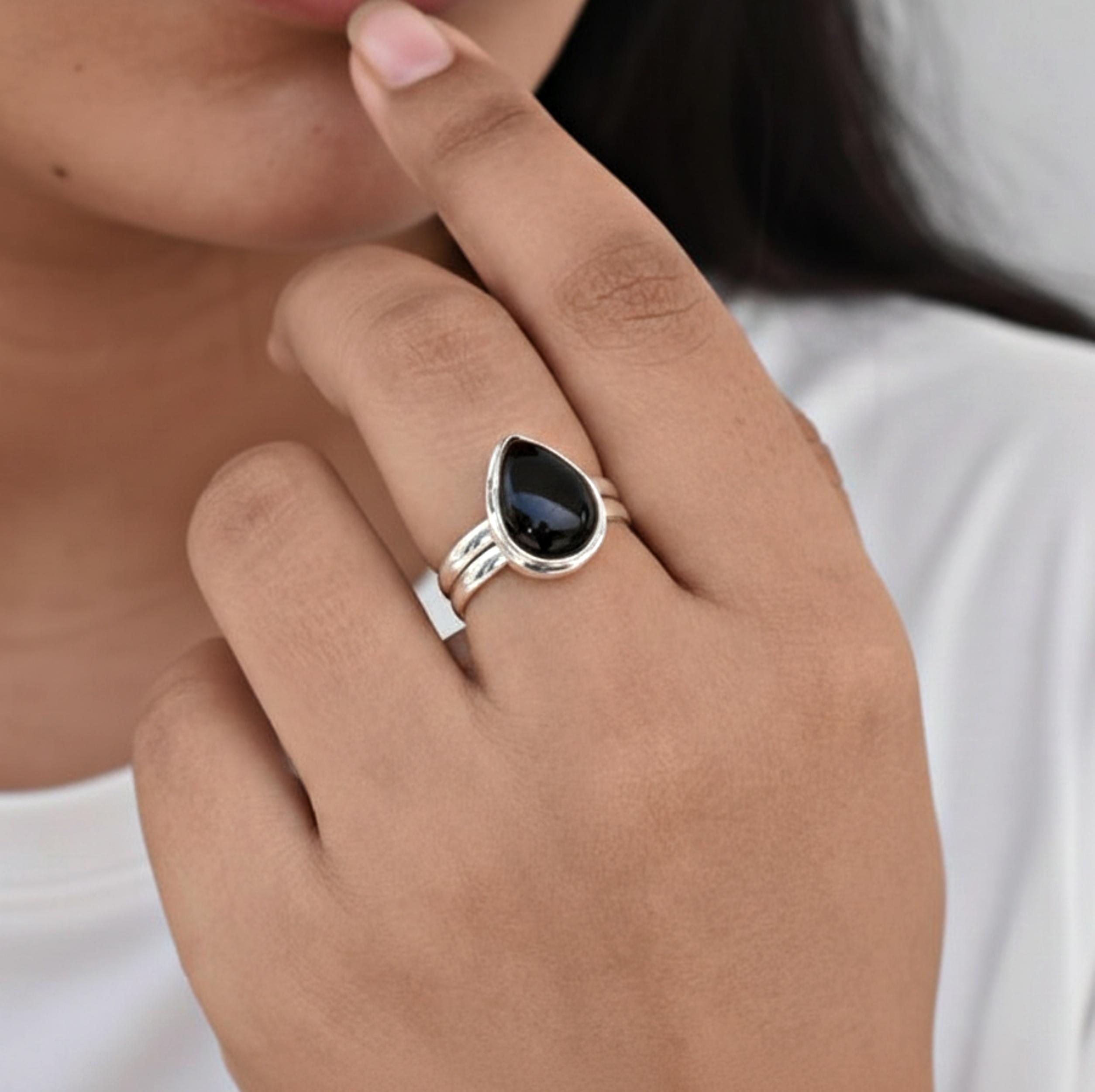 Prsteň zo striebra rýdzosti 925 s čiernym onyxom v tvare slzy, Ručne vyrobený výrazný prsteň, Minimalistické Boho šperky 9 strieborná