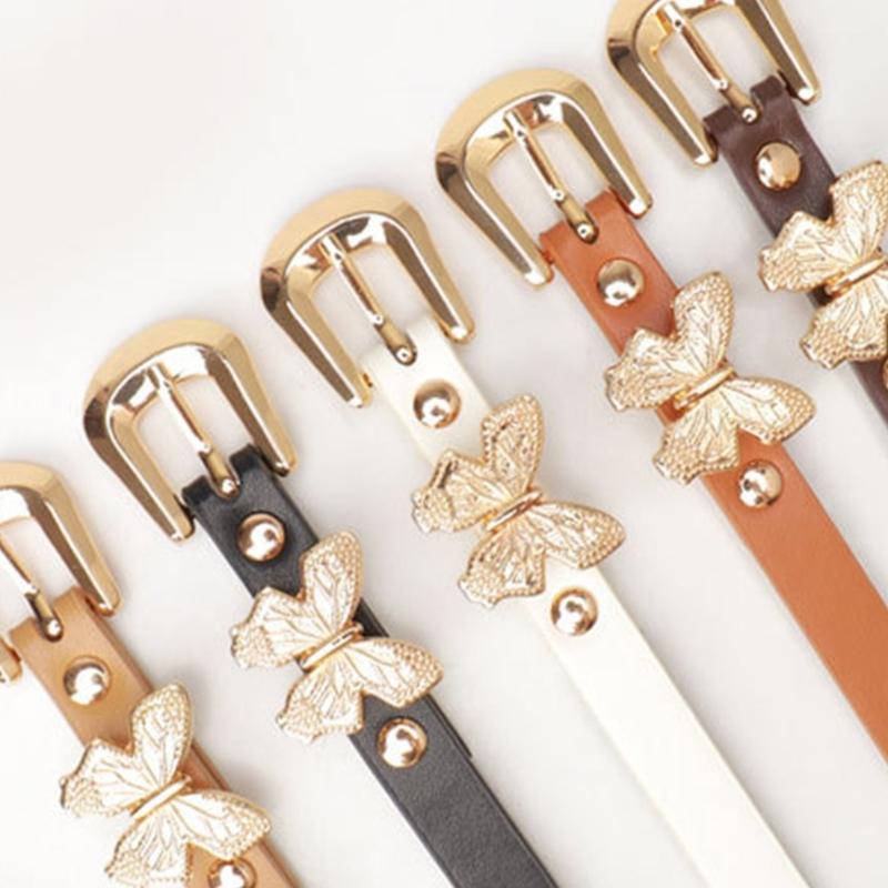 Stylish Gold Butterfly Decorated PU Leather Waist Belt Adjustable Length Waistband Sash for Dresses and Daily Outfits