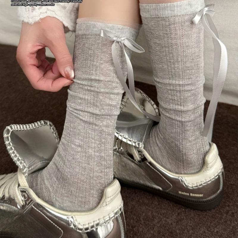Short-sleeved Summer Lightweight Stockings for Women with Bow Ribbons At The Back of The Heel - A Sweet Long Stocking.