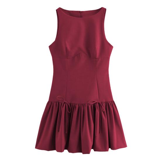 Women Summer Dress Sleeveless Bow Decor Pleated A-line Solid Color Mini Dress Back Zipper Closure O Neck Vest Dress for Dating Party