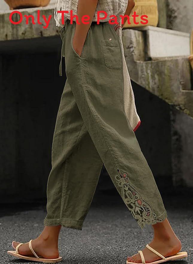 Casual Cotton Pants With Lace Patchwork And High Waist For Womens Fall Fashion