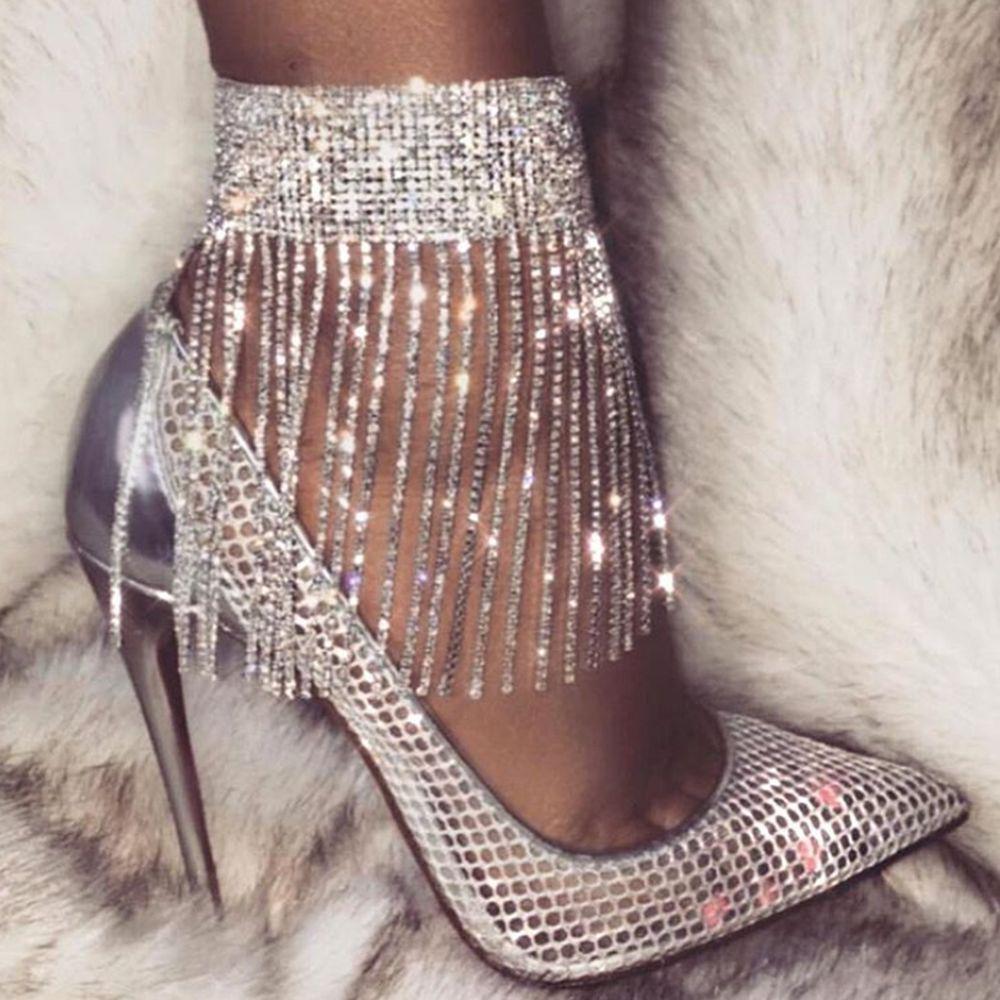 Exaggerated European and American Shiny Diamond Tassel Anklet for Fashion High Heels