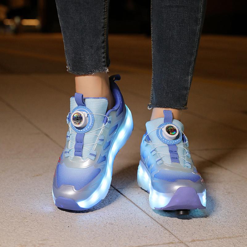 Kid's Roller Skates Removable Flat Charging LED Four Wheels Glowing Sports Shoes Pink Women's Glowing Sneakers