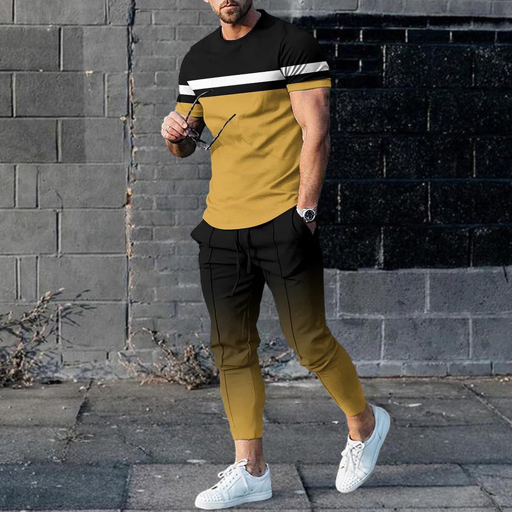 2024 Fashion Men Tshirt Suit Tracksuit 3D Printed Sportswear Short Sleeve T-shirt Long Pants Streetwear 2 Piece Set Male Clothes