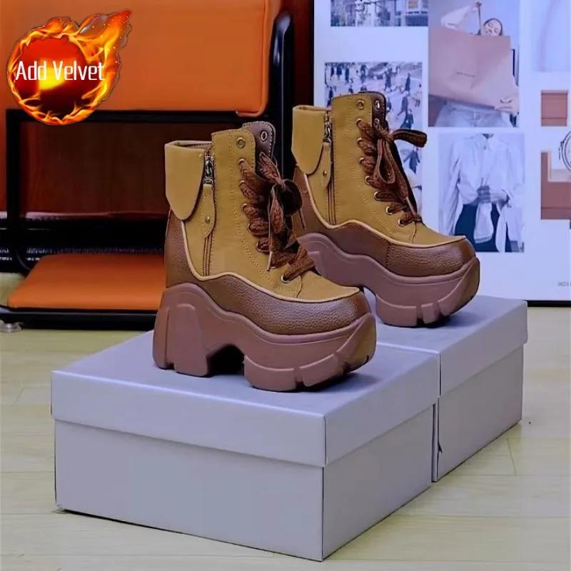

Модная женская обувь до середины икры на шнуровке, массивная панк-стиль, полувысокая, боевая шнуровка, кожаная платформа, женские зимние ботинки, замшевые плюс теплые 40