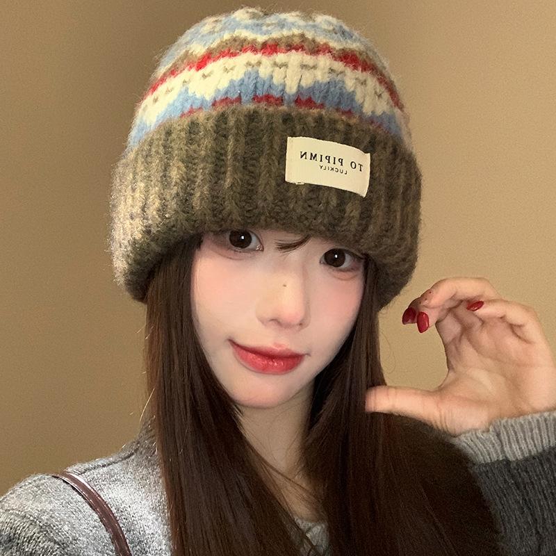 Vintage Fair Island knitted wool hat women's autumn and winter warm versatile ear protection hat loose face small headgear