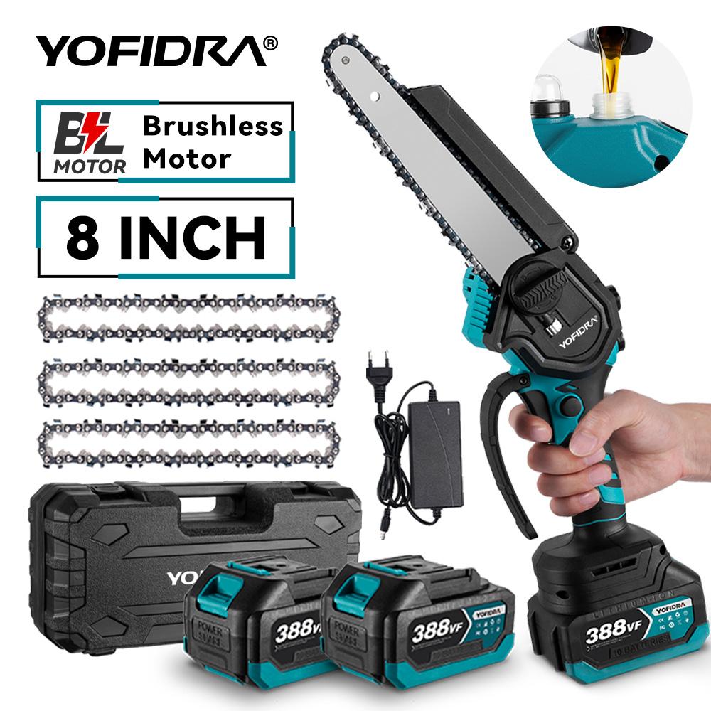 YOFIDRA 8 Inch Brushless Electric Chainsaw Cordless Rechargeable Woodworking Garden Pruning Saw Tool for Makita 18V Battery