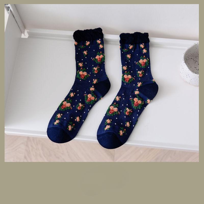 Women's Spring and Summer Thin Mid-calf Socks, Retro Floral Pile Socks, Lace Transparent Glass Fiber Socks