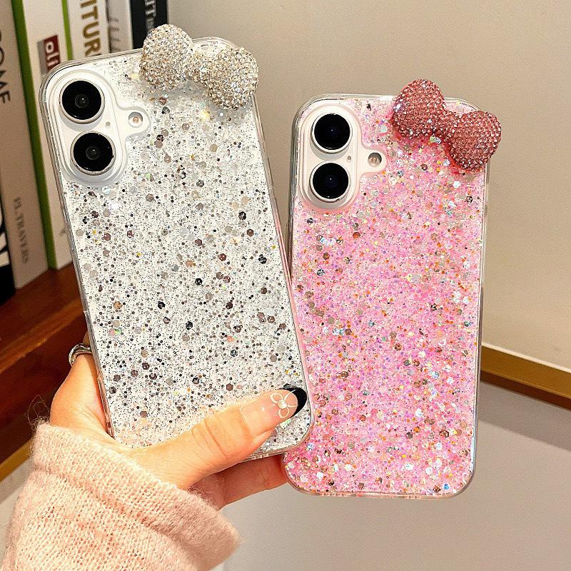 Epoxy glitter sequined bow mobile phone case for Apple 17Promax rhinestone Iphone16 women's 14 soft