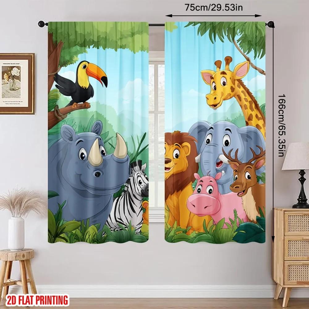 Set Of 2 Jit Cartoon Animals Printed Curtains Polyester Kids Room Window Decor Curtain Darkening With Rod Pocket Ideal For