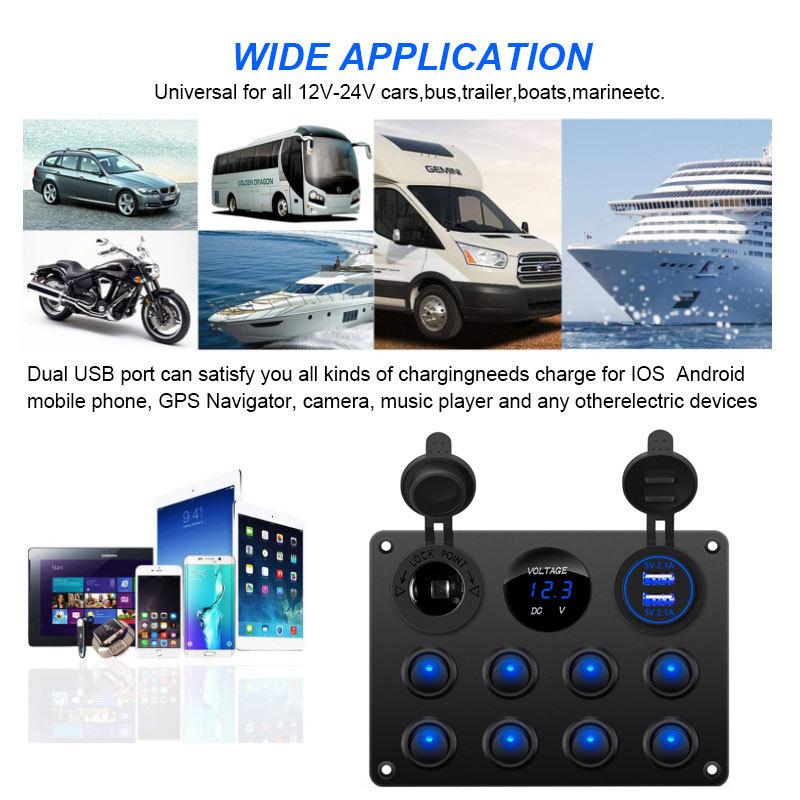 Boat Switch Panel Car Switch Panel Waterproof Digital Voltmeter Dual USB Port 12V Outlet Combination Marine LED Rocker 5 Gang