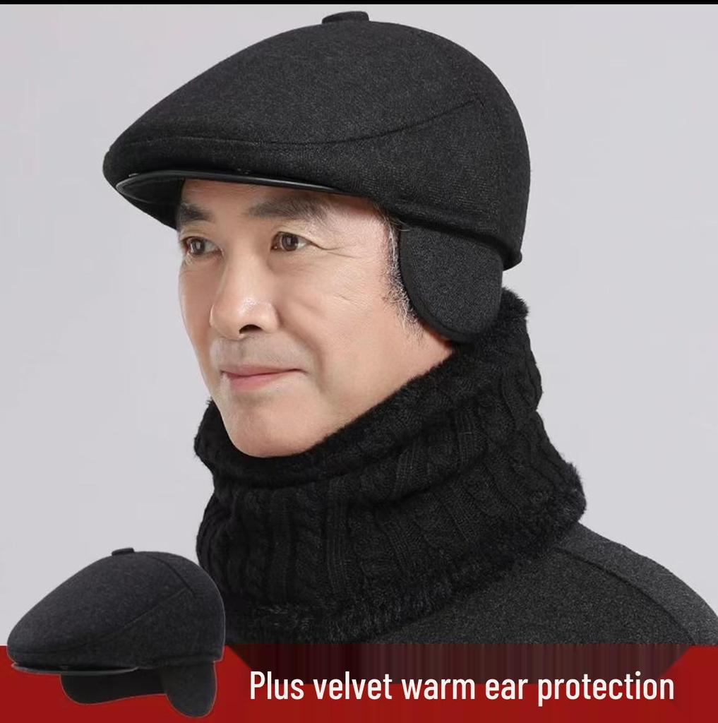 Heren Wol Baret Wintermuts met Fluwelen Oorbescherming – Winddicht en Warm voor Middelbare Leeftijd en Ouderen
