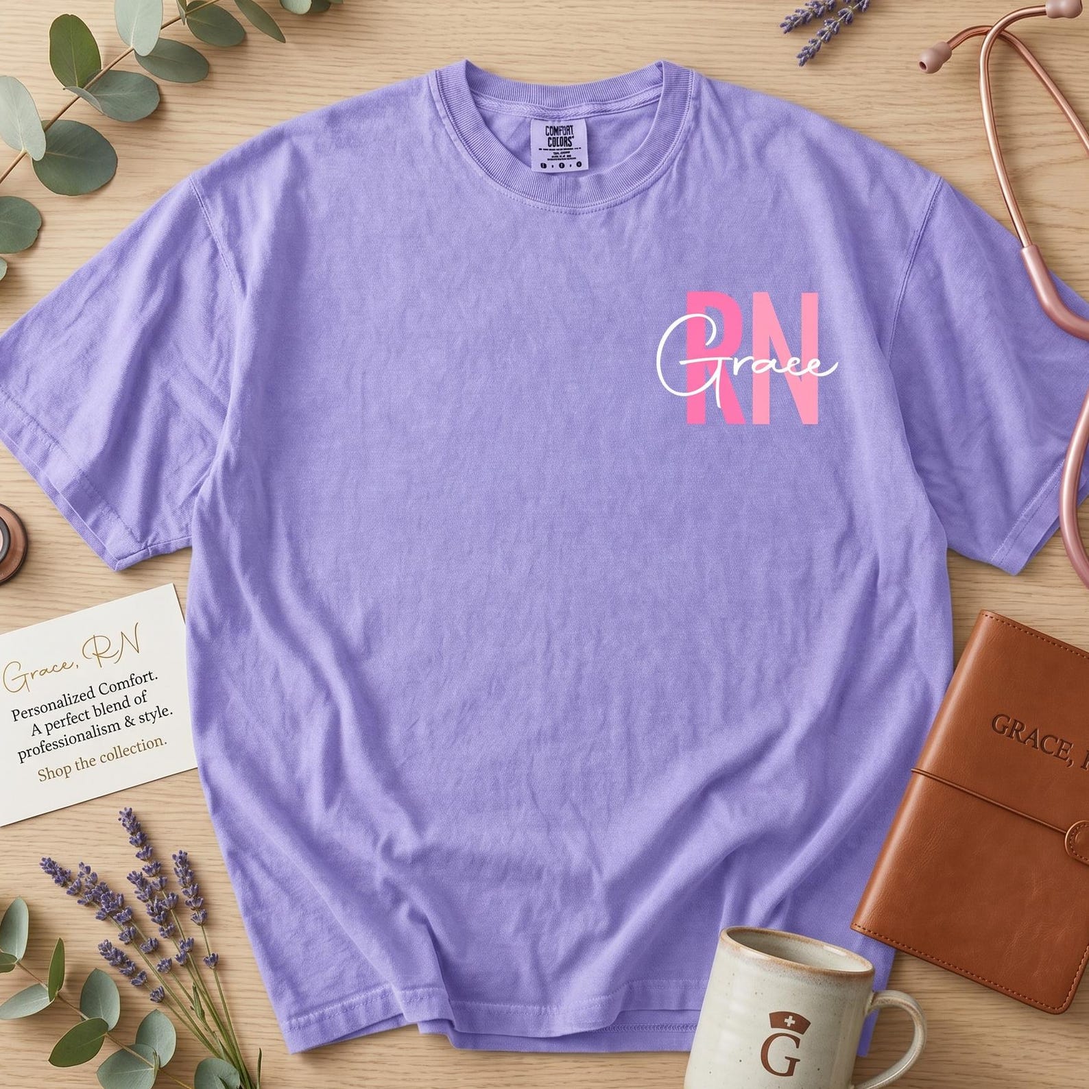Personalized Nurse Shirt, Custom Name Comfort Colors Tee, Lavender Medical Gift M