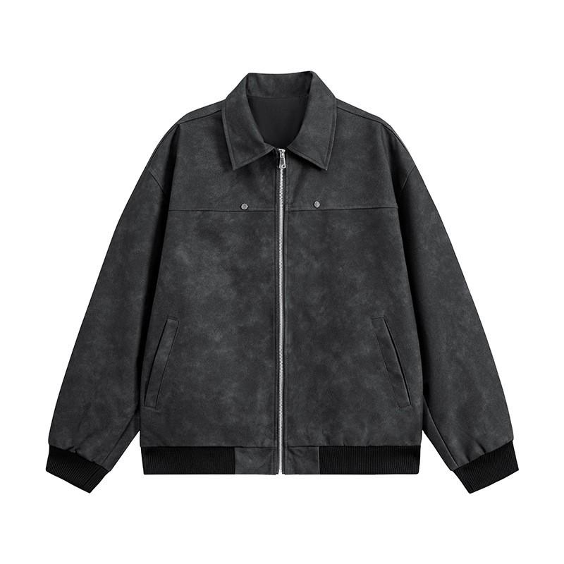 Mens PU Leather Jacket With Notched Collar Slim Fit Casual Outerwear Fall Large Sizes