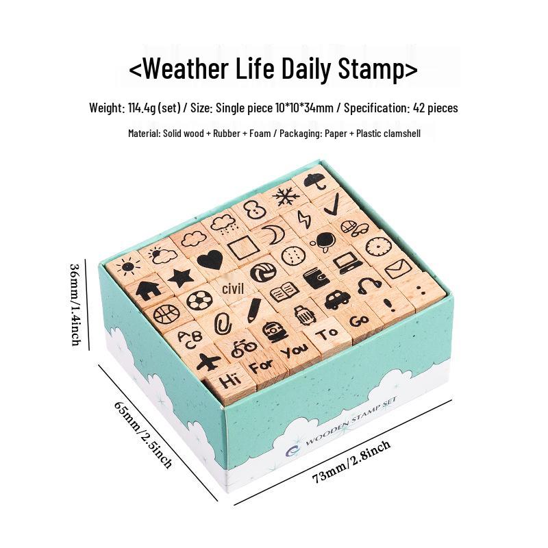 42-Piece Beech Wood Stamp Set: Numbers, Letters, Shapes & Emoticons.
