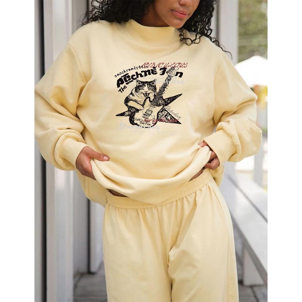 Women's Autumn Mid-High Neck Loose Sweatshirt - Trendy, Casual, Long Sleeve, Hoodless Fashion.