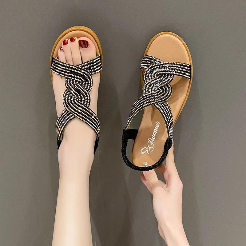 Women's Large Size Sandals Fashion Super Shiny Crystal Round Head Elastic Strap Slope Heel Sandals Comfortable Soft Sole Shoes