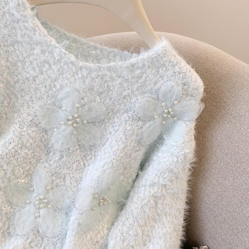 Women's Beaded Flower Faux Mink Knit Sweater