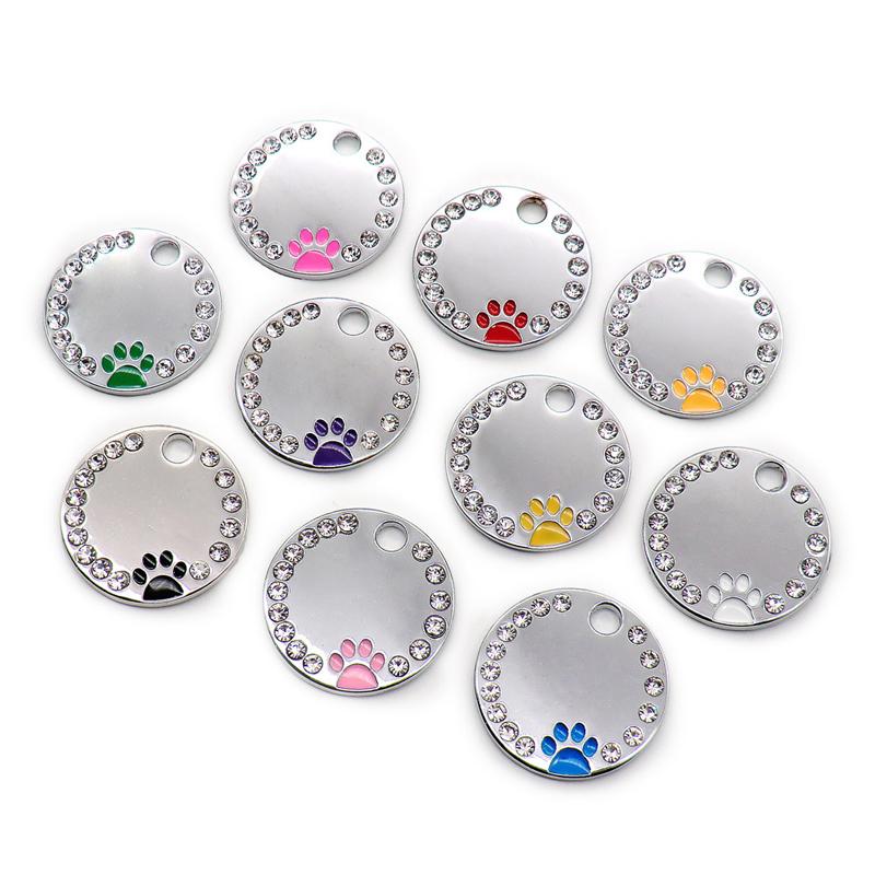 Rhinestone Solid Zinc Alloy Pet ID Tag Crystal Dog Collar Tag Colorful Paw Print Laser Engraved Pet Name Plate for Cats/Dogs