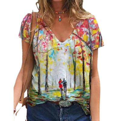 Women's New Character Flower 3D Printed Short Sleeved T-shirt V-neck Women's Short Sleeved T-shirt