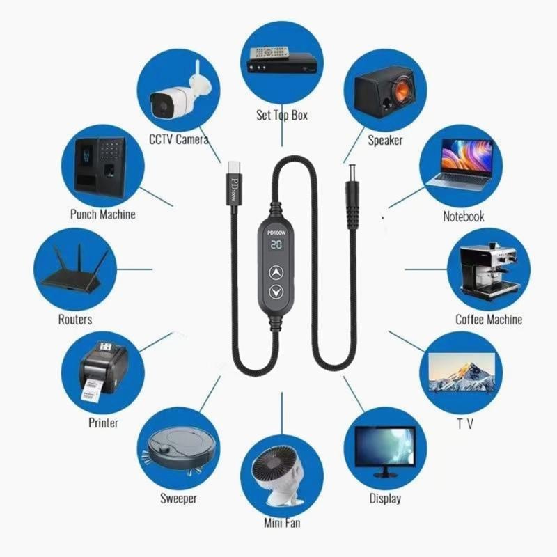 USB C Power Cord with 8 Adapters 100W Highest Efficiency Variable Power Supply DC5.5 Type C Charging Cable 120cm