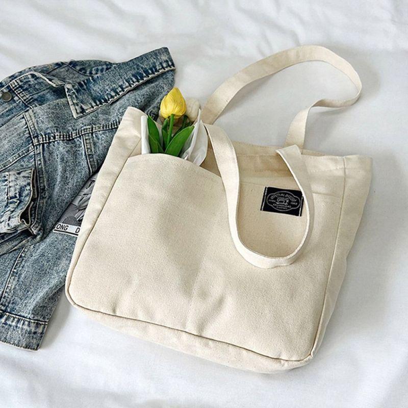 Women Canvas Tote Bag Solid Color Designer Ladies Casual Handbag Shoulder Bag Large Capacity Cotton Reusable Shopping Beach Bag