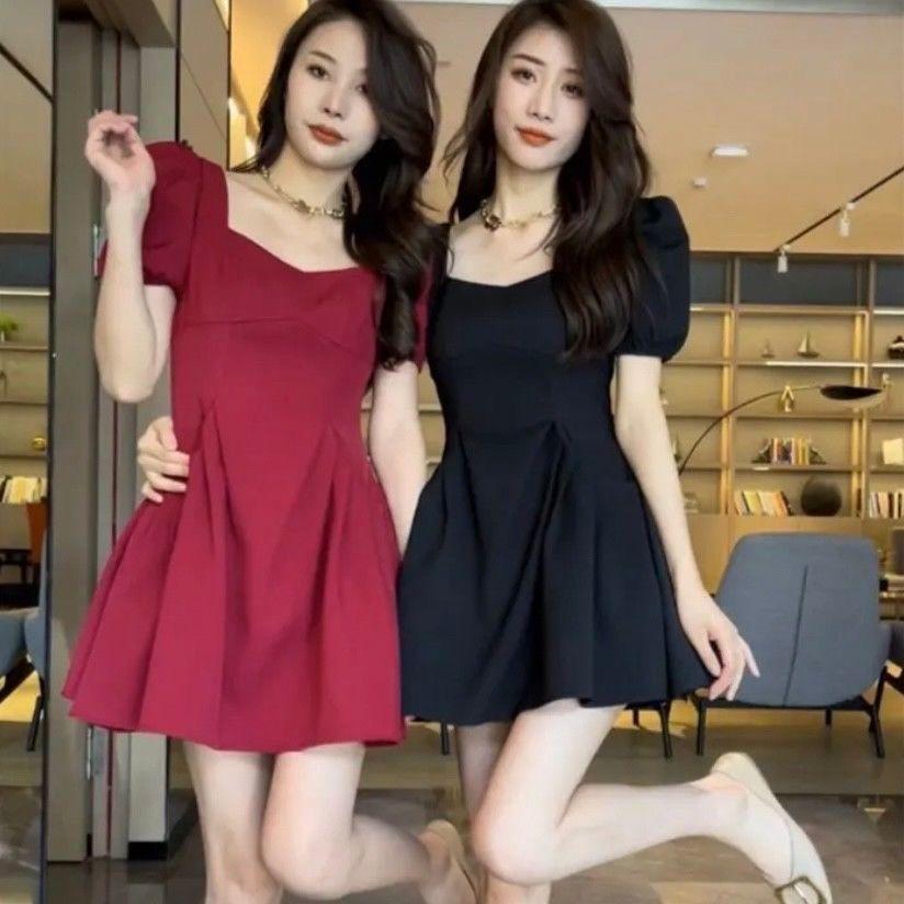 Summer Square Neck Puff Sleeve Ruched Slimming Dress for Women