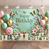 1pc Birthday Celebration Background Banner Teal Background Gold Lettering Decoration with Floral Gift Box Pattern Decoration