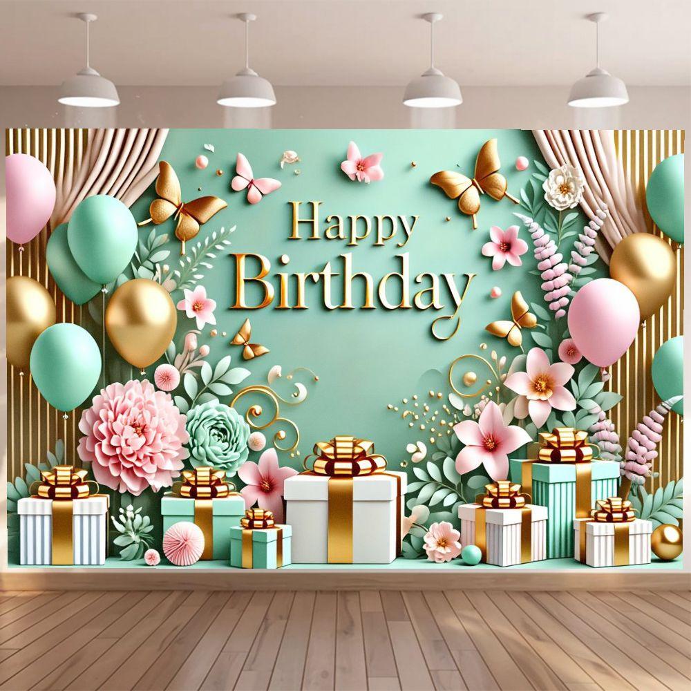 1pc Birthday Celebration Background Banner Teal Background Gold Lettering Decoration with Floral Gift Box Pattern Decoration