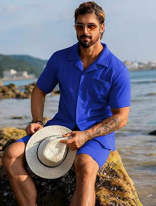 Men's Summer Casual Sportswear Set: Short Sleeve Cardigan & Shorts - Holiday Two-piece Set